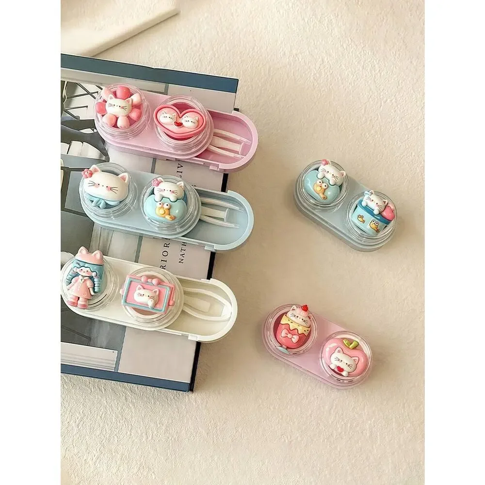 3x Kitty Cat Portable Travel Contact Lens Case Contact w/ tweezer & applicator